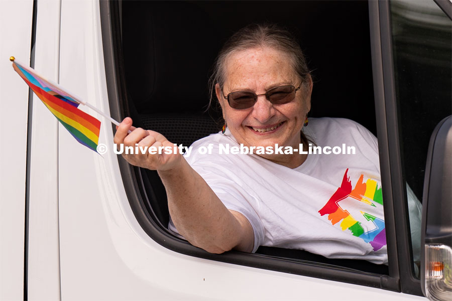 Nebraska's Pat Tetreault served as grand marshal of the second annual Star City Pride parade. The university's LGBTQA+ Center, which Tetreault leads, was also honored during the community celebration. June 18, 2022. Photo by Jordan Opp for University Communication.