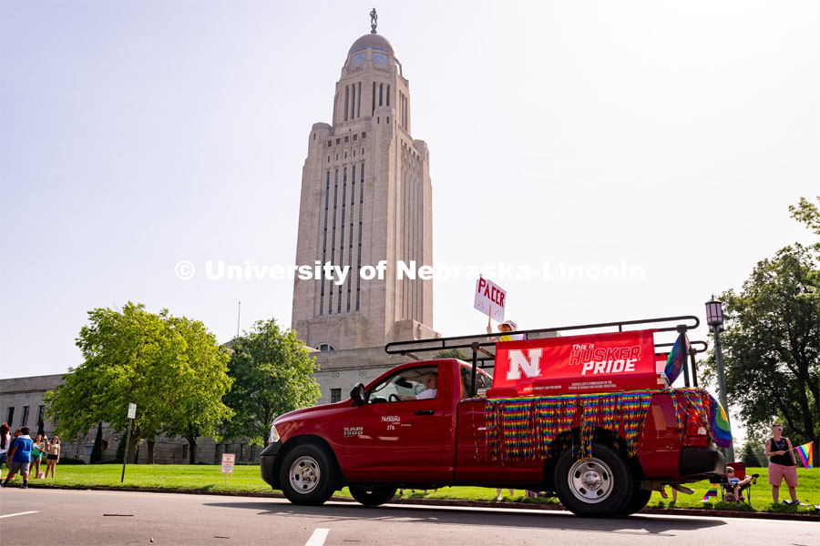 University of Nebraska representatives circle around the Capitol during the Star City Pride parade. June 18, 2022. Photo by Jordan Opp for University Communication.