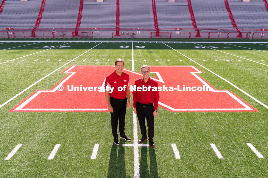 Trev Alberts, Vice Chancellor, Director of Athletics, and UNL Chancellor Ronnie Green in Memorial Stadium. August 27, 2022. Photo by Jordan Opp for University Communication