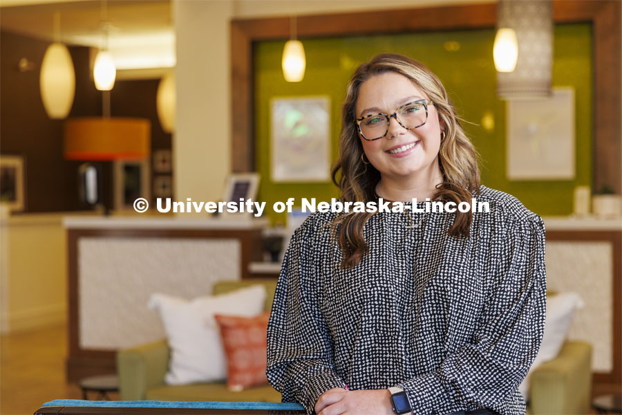 Rylee Kwapnioski, a May 2022 HRTM graduate is now the Sales Coordinator for Hilton Garden Inn in Lincoln. Photo for ASEM CoCreate story. August 4, 2022. Photo by Craig Chandler / University Communication.