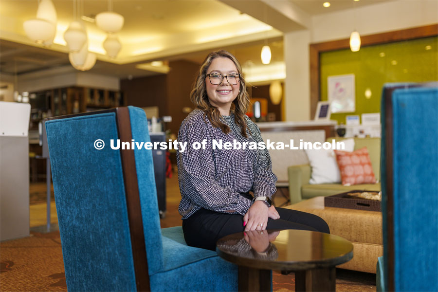 Rylee Kwapnioski, a May 2022 HRTM graduate is now the Sales Coordinator for Hilton Garden Inn in Lincoln. Photo for ASEM CoCreate story. August 4, 2022. Photo by Craig Chandler / University Communication.