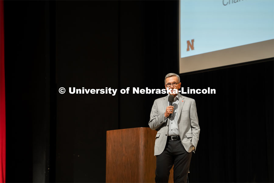 Chancellor Ronnie Green address the First Husker 2022-2023 cohort on their first day of camp. First Husker, Emerging Leader and CAST power programs filled the week before classes began for new students to become acquainted with college life. August 13, 2022. Photo by Jonah Tran for University Communication.
