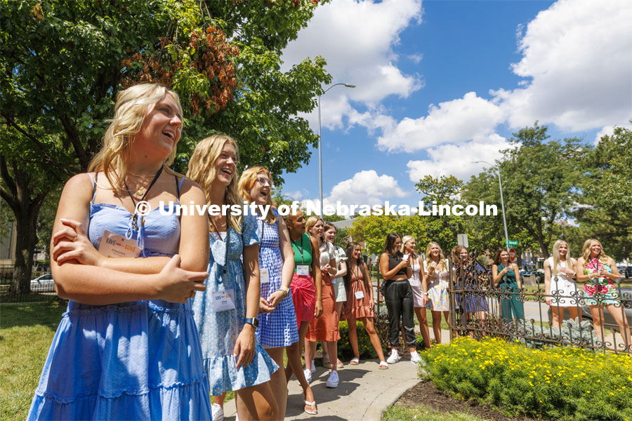 Students line up outside Delta Delta Delta sorority during their house visit. Sorority recruitment Philanthropy Round. August 17, 2022. Photo by Craig Chandler / University Communication.