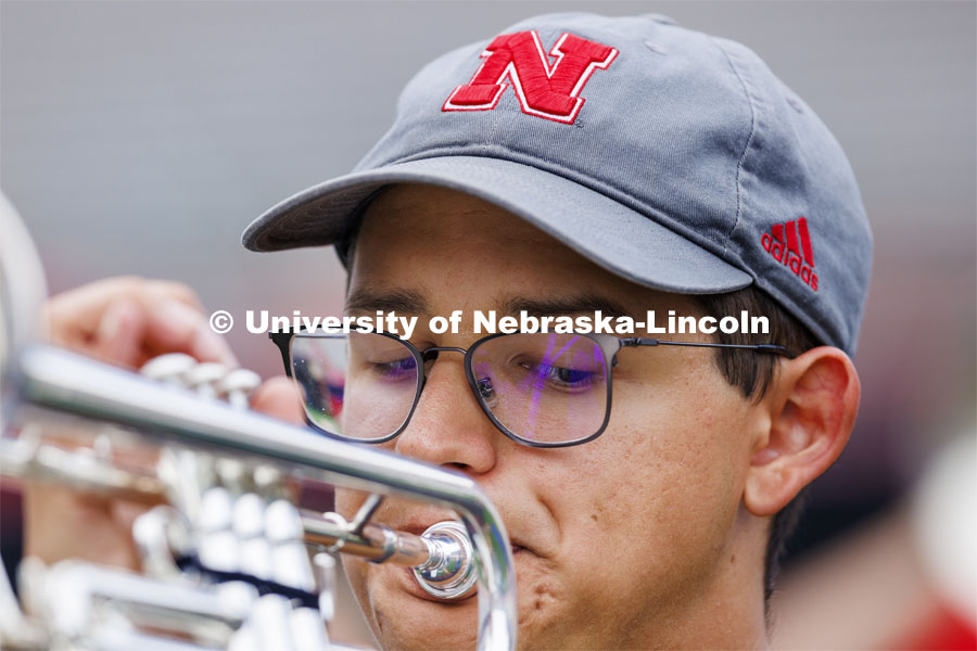 Cornhusker Marching Band practice in Memorial Stadium under the lights. August 18, 2022. Photo by Craig Chandler / University Communication.