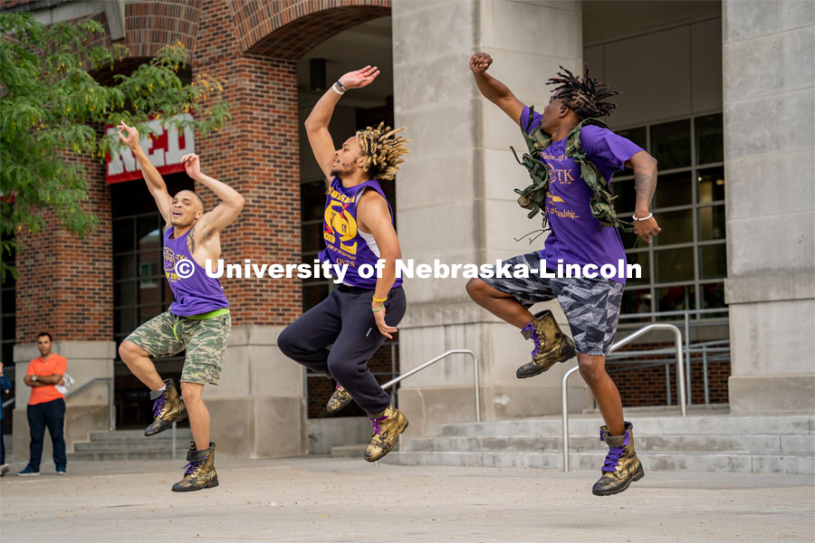 Members of Omega Psi Phi Fraternity Inc. outside the Union attending The Block Party. August 26, 2022. Photo by Jonah Tran/ University Communication.