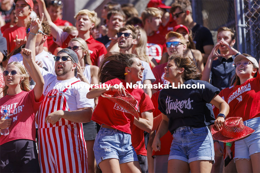 Students get into the Scarlet and Cream song in between quarters. NU vs. North Dakota. September 3, 2022. Photo by Craig Chandler / University Communication.