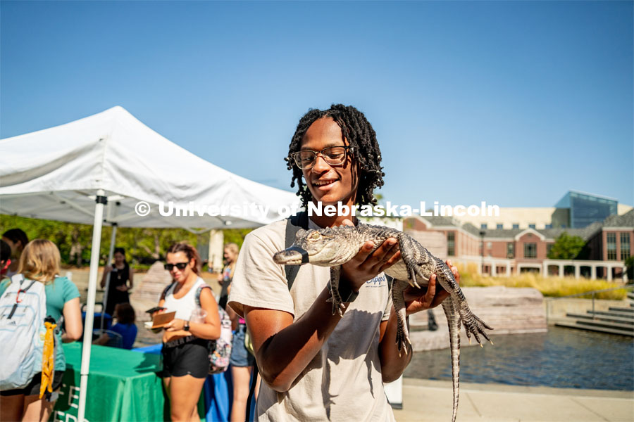 Cameron Cannon, a sophomore from Atlanta, holds a baby crocodile at the Petting Zoo with Wildlife Encounters on the Nebraska Union Plaza. September 6, 2022. Photo by Jonah Tran / University Communication.