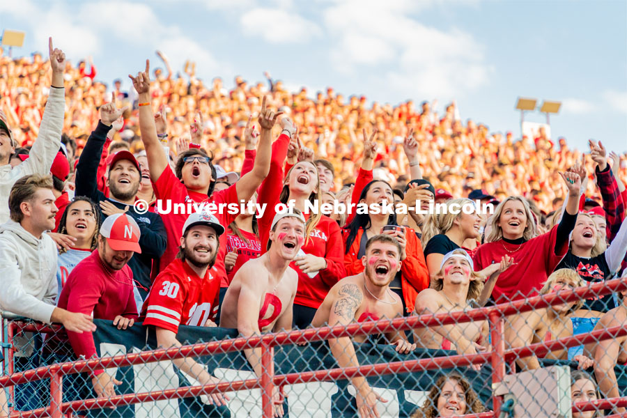 Husker fans cheer at the Nebraska vs. Georgia Southern football in Memorial Stadium. September 10, 2022. Photo by Jonah Tran/ University Communication.