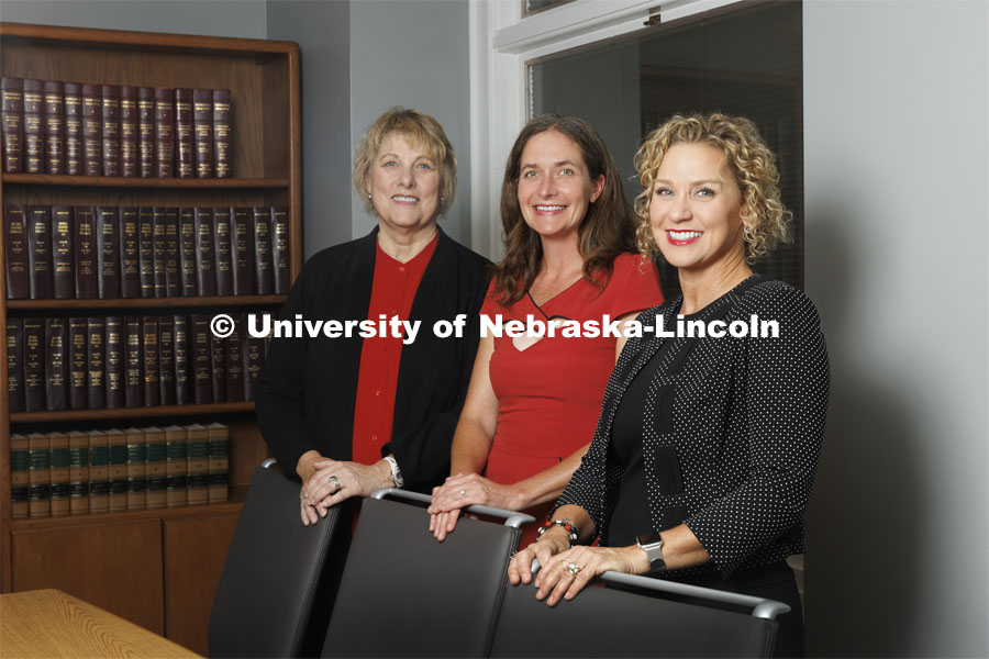 Kathy Olson, Christine Henningsen, and Eve Brank (left to right) Directors of the Center on Children, Families, and the Law and a Professor of Psychology. Center on Children, Families and the Law photo shoot. September 16, 2022. Photo by Craig Chandler / University Communication.
