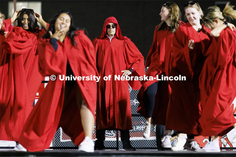 Disguised in a red robe, Chancellor Ronnie Green dances at Showtime at the Vine Street Fields. Recognized Student Organizations, Greeks and Residence Halls battle against each other with performances for Homecoming competition points and ultimate bragging rights. Homecoming 2022. September 26, 2022. Photo by Craig Chandler / University Communication.
