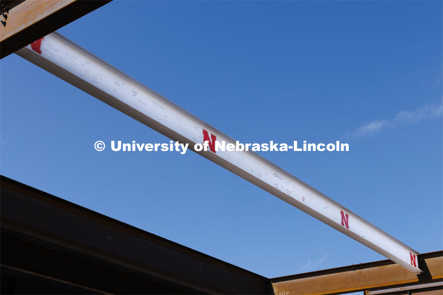 The final beam that was placed is signed. College of Engineering advisory board tour of Kiewit Hall construction. September 30, 2022. Photo by Craig Chandler / University Communication.