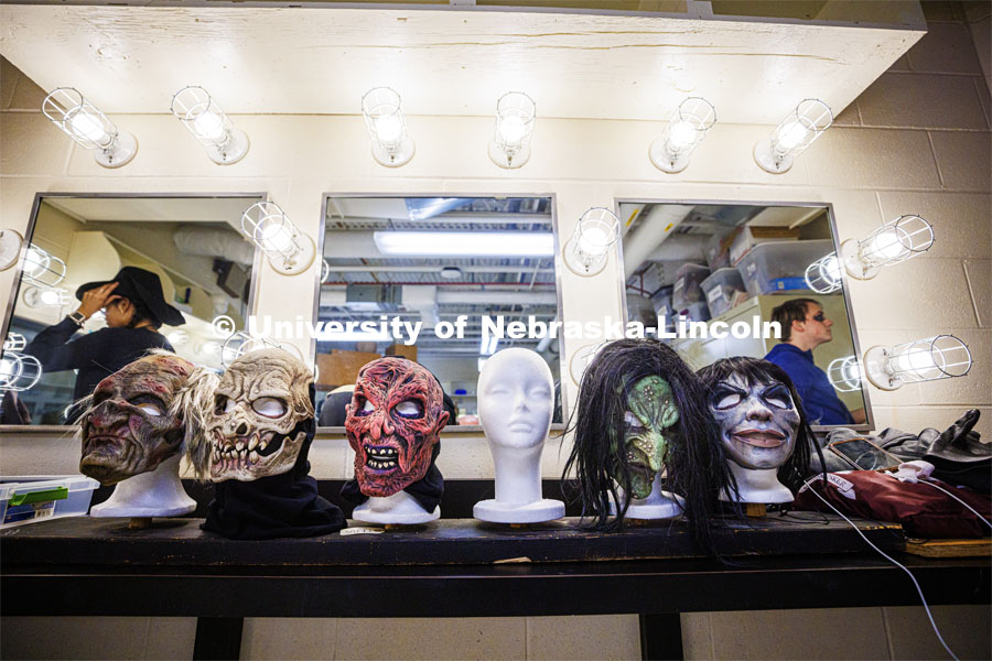 Masks await their actors backstage. ShakesFear production in the Temple Building. October 21, 2022. Photo by Craig Chandler / University Communication.
