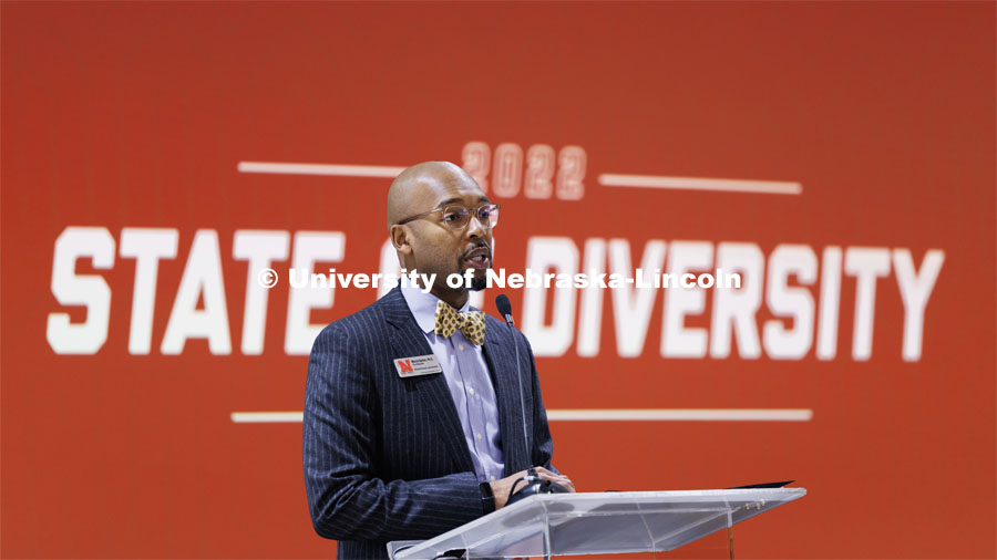 Marco Barker, Vice Chancellor for Diversity and Inclusion, delivers the 2022 State of Diversity in East Campus Union. October 26, 2022. Photo by Craig Chandler / University Communication.