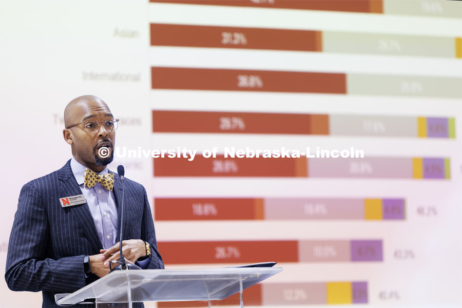 Marco Barker, Vice Chancellor for Diversity and Inclusion, delivers the 2022 State of Diversity in East Campus Union. October 26, 2022. Photo by Craig Chandler / University Communication.