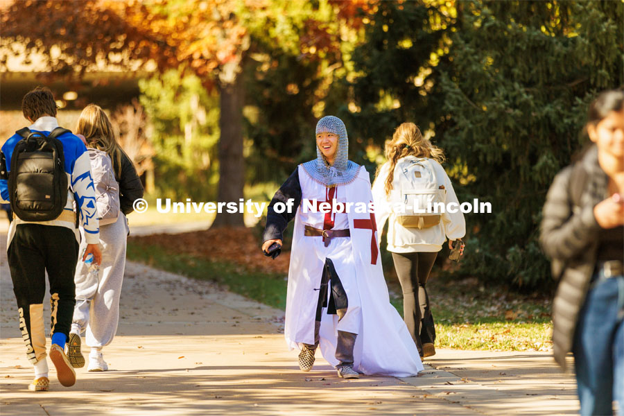 Parker Megrue, a freshman from Crandell, Texas, dressed up as a templar knight. Halloween on City Campus. October 31, 2022. Photo by Craig Chandler / University Communication.