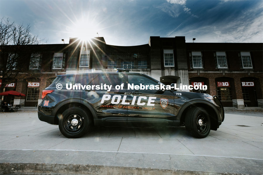 UNL Police Department displays their new cruiser with the new all-black paint scheme at the Nebraska Union Plaza. November 2, 2022. Photo by Craig Chandler / University Communication.