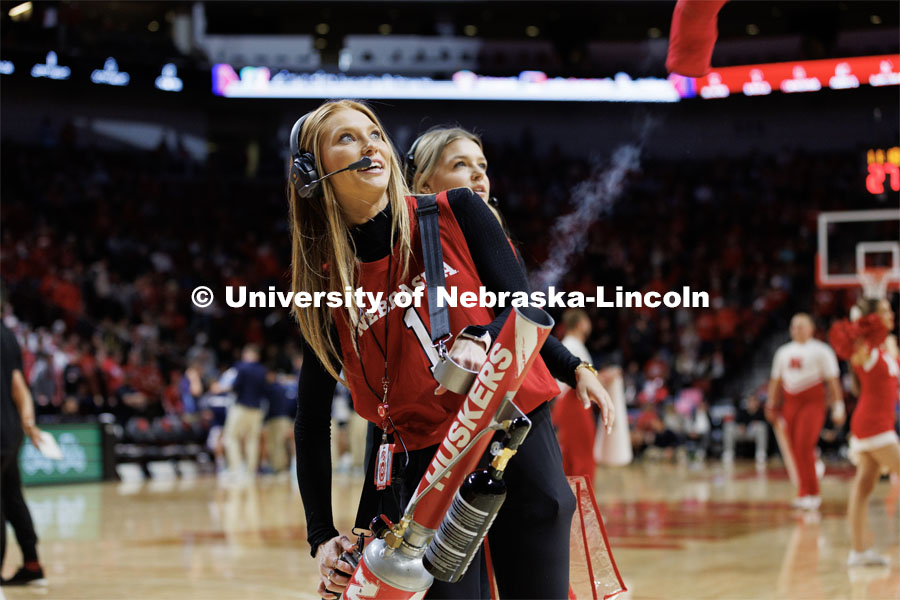 Ashley Beckman, a senior in sports media and communication is an intern with Nebraska Athletics Marketing and Fan Experience. She works at the men’s basketball games, shown here at the Huskers vs Maine game on November 7, 2022. Photo by Scott Bruhn, Husker Athletics. Ashley BeckmanNebraska Athletics Marketing and Fan ExperienceMBB vs Maine