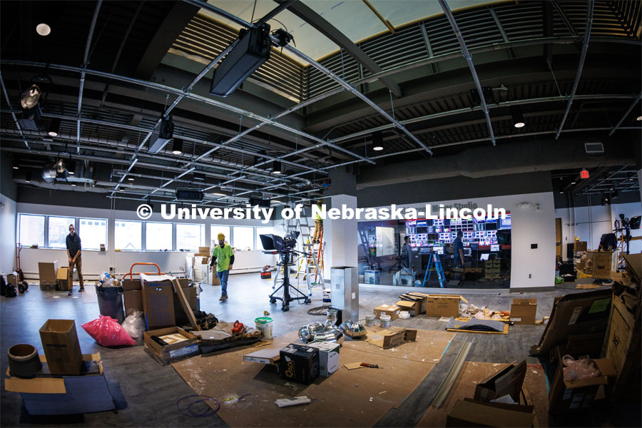 Work progresses on the new Don and Lorena Meier Studio on the second floor of Andersen Hall as it readies for the ribbon-cutting Nov. 17. November 9, 2022. Photo by Craig Chandler / University Communication.