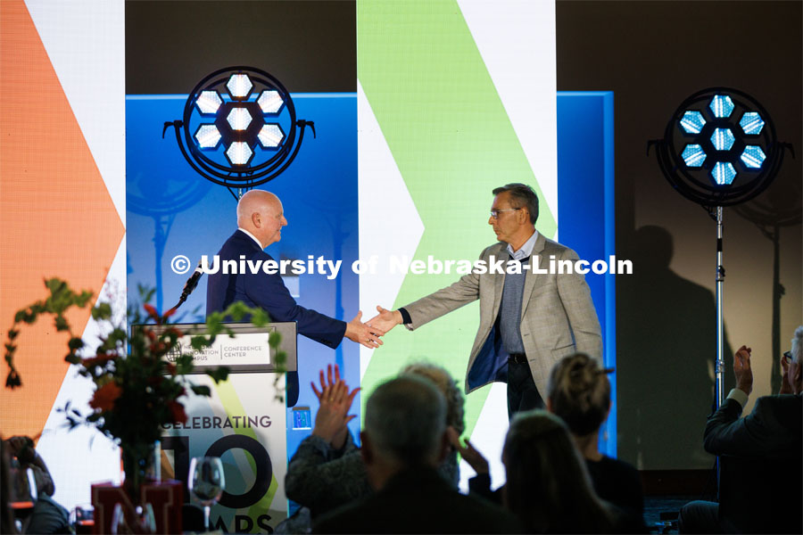 NIC Executive Director Dan Duncan welcomes UNL Chancellor Ronnie Green to the podium at the Nebraska Innovation Campus celebration. November 10, 2022. Photo by Craig Chandler / University Communication.