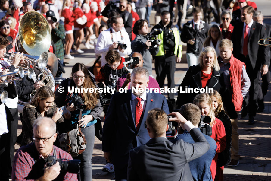 Husker head football coach Matt Rhule is surrounded as he enters east stadium Monday. Rhule is introduced at a press conference in the Hawks Championship Center. November 28, 2022. Photo by Craig Chandler / University Communication.