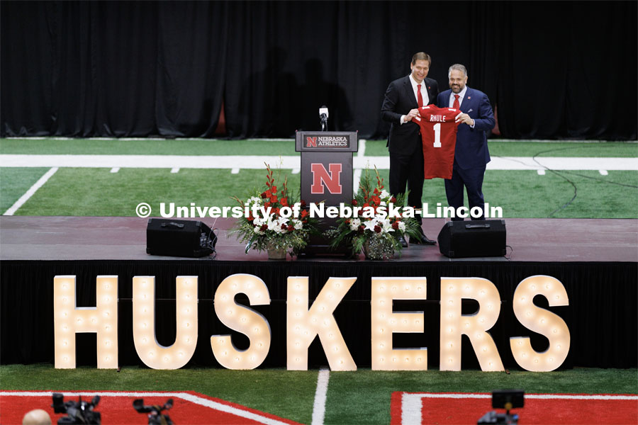 New Husker head football coach and Trev Alberts, vice chancellor and director of athletics, pose with a Husker jersey. Husker head football coach Matt Rhule is introduced at a press conference in the Hawks Championship Center. November 28, 2022. Photo by Craig Chandler / University Communication.