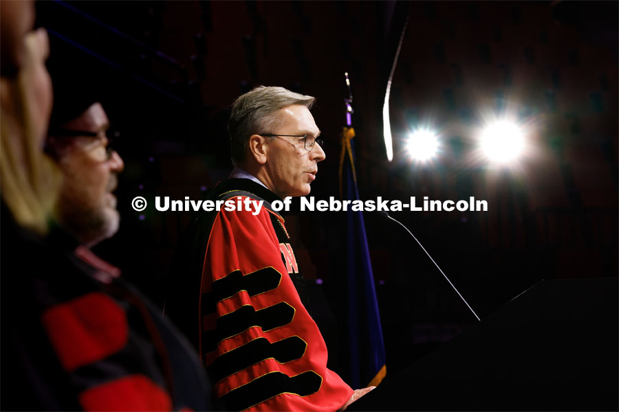 Chancellor Ronnie Green welcomes the graduates to the December Commencement in Pinnacle Bank Arena. December 16, 2022. Photo by Craig Chandler / University Communication.