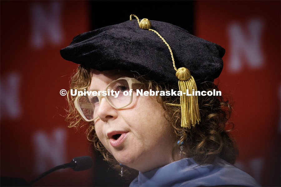 Katrina Jagodinsky, Associate Professor of History, delivers the commencement address. Graduate Commencement in Pinnacle Bank Arena. December 16, 2022. Photo by Craig Chandler / University Communication.