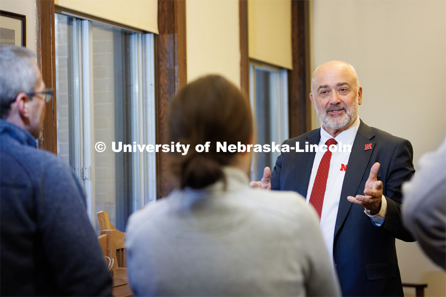 Charles Stoltenow, Dean and Director of Nebraska Extension, talks with staff and coworkers in Agriculture Hall. December 21, 2022. Photo by Craig Chandler / University Communication. 