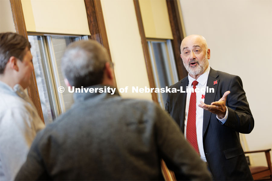 Charles Stoltenow, Dean and Director of Nebraska Extension, talks with staff and coworkers in Agriculture Hall. December 21, 2022. Photo by Craig Chandler / University Communication. 