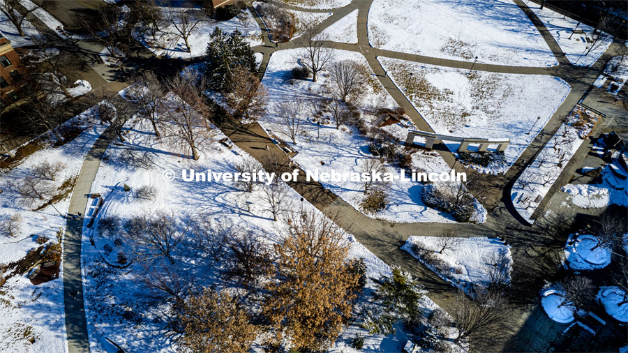 Aerial view of City Campus. Spring semester begins with some snow and ice. January 23, 2023. Photo by Craig Chandler / University Communication.