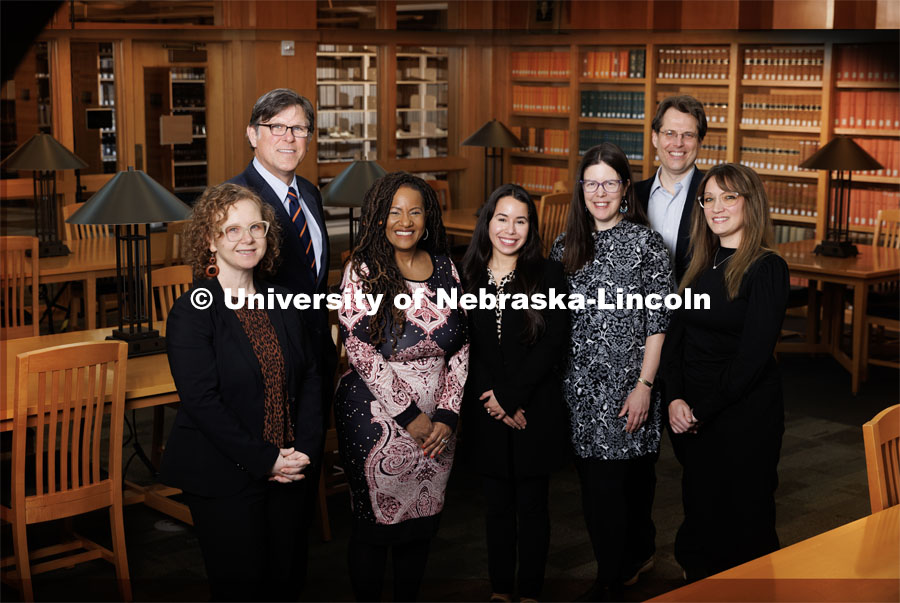 With a four-year, $1 million grant from the Andrew W. Mellon Foundation, Nebraska historians, from left, Katrina Jagodinsky, William Thomas and Jeannette Eileen Jones, with collaborators from the College of Law, Genesis Agosto, Jessica Shoemaker, Eric Berger, Danielle Jefferis and, (not pictured) Catherine will establish an academic program that enables undergraduate and graduate students to study how various marginalized groups in American history – enslaved people, racial minorities, women and Indigenous people, among others – used the law to contest and advance their rights. January 24, 2023. Photo by Craig Chandler / University Communication.