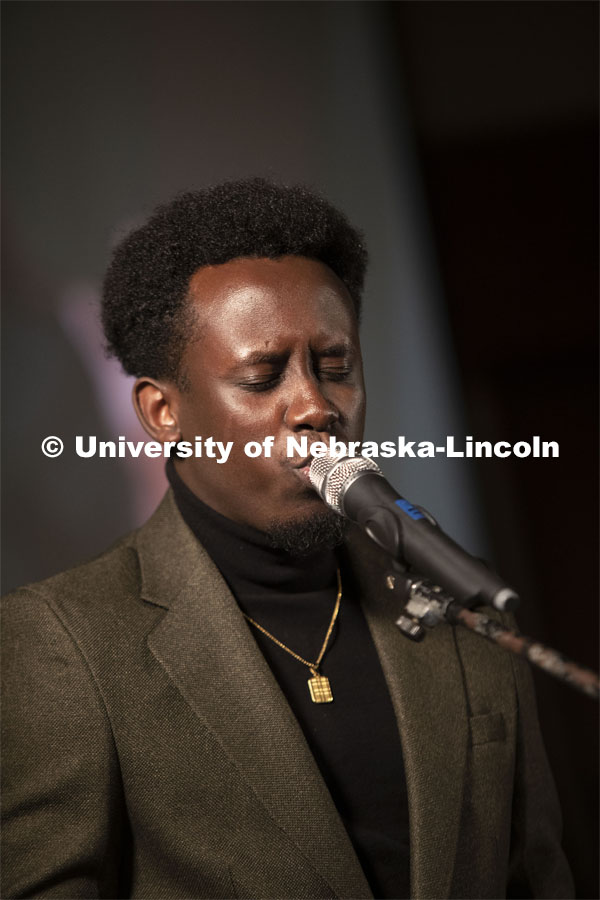 Japhet Ingeri member of Live Lyve sings at the MLK Commemorative Celebration program featured a keynote address from Tommie Smith and the awarding of the annual Chancellor’s “Fulfilling the Dream” Award. January 25, 2023. Photo by Blaney Dreifurst for University Communication. 