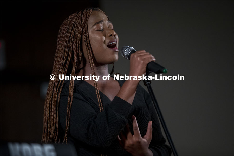 Starr (Ester) Uwamahoro member of Live Lyve sings at the MLK Commemorative Celebration program featured a keynote address from Tommie Smith and the awarding of the annual Chancellor’s “Fulfilling the Dream” Award. January 25, 2023. Photo by Blaney Dreifurst for University Communication. 