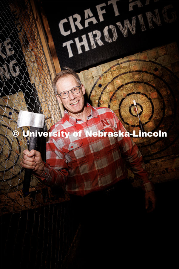 Craft Axe Throwing with Arts and Sciences Dean Mark Button. January 26, 2023. Photo by Craig Chandler / University Communication.