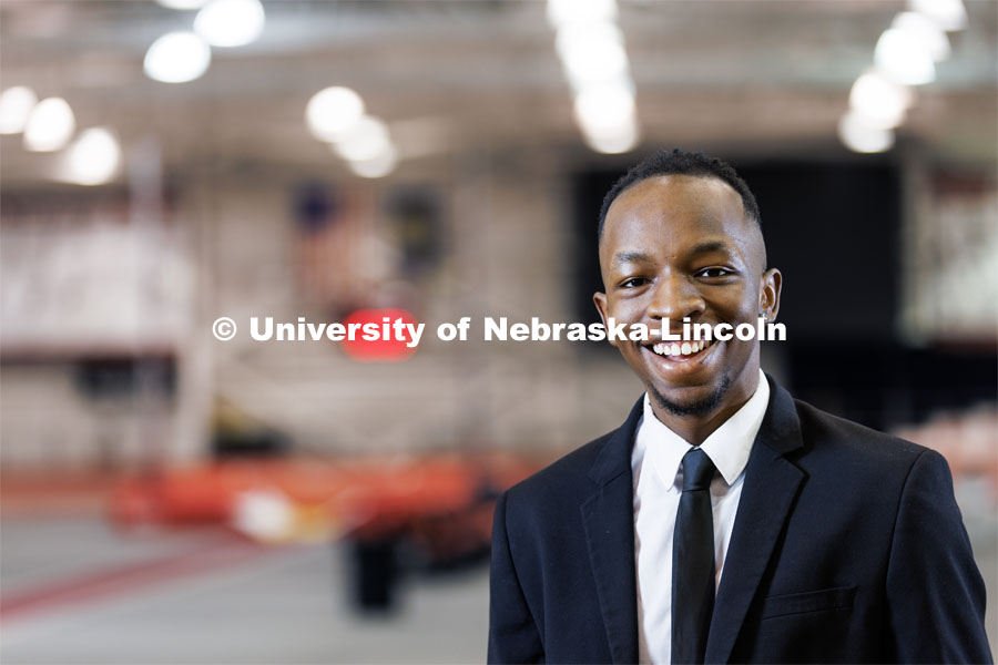 Nebraska's Passmore Mudundulu is pictured in the Devaney Sports Center by the track. Mudundulu is a junior marketing major from Lincoln and a long and triple jumper with the Husker Track Team. Photo for Black History Month profile. February 10, 2023. Photo by Craig Chandler / University Communication.