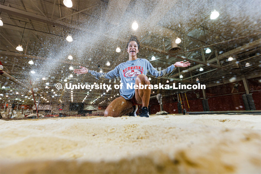 Darby Thomas, a senior in Elementary Education and Early Child Education a long and triple jumper with the Husker track team. February 10, 2023. Photo by Craig Chandler / University Communication.