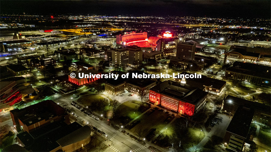 Aerial view of City Campus lit up for Glow Big Red. February 15, 2023. Photo by Craig Chandler / University Communication.