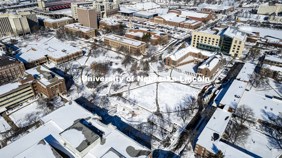 Aerial view of the snow on City Campus. A snowy Friday on city campus. February 17, 2023. Photo by Craig Chandler / University Communication. 