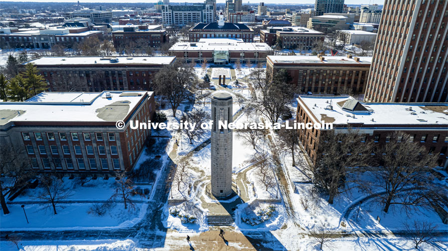 Aerial view of the snow on City Campus looking south from the Mueller Bell Tower. A snowy Friday on city campus. February 17, 2023. Photo by Craig Chandler / University Communication. 