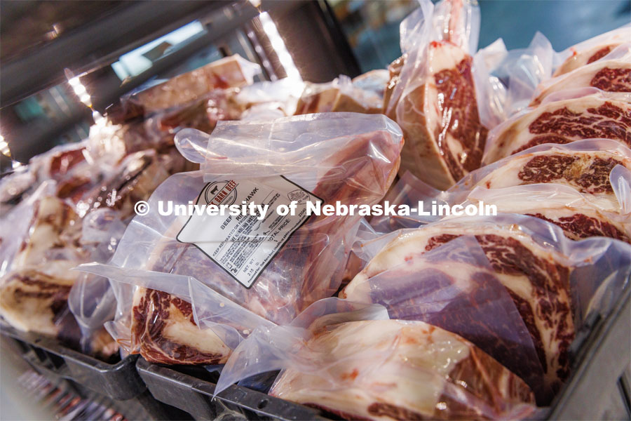 Rib eyes in the freezer await customers. Hannah and Eric Klitz run Oak Barn Beef in West Point, Nebraska. Oak Barn Beef was Hannah’s Engler project which combines Engler entrepreneurship and her beef genetics education at UNL. February 21, 2023. Photo by Craig Chandler / University Communication.