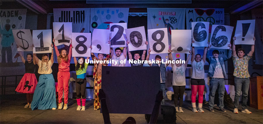 Huskerthon 2023 staff reveal that UNDM raised $118,208.66 this year. University of Nebraska–Lincoln students raised $118,208 during the annual HuskerThon on Feb. 25. Also known as Dance Marathon, the event is part of a nationwide fundraiser supporting Children’s Miracle Network Hospitals. The annual event, which launched in 2006, is the largest student philanthropic event on campus. The mission of the event encourages participants to, “dance for those who can’t.” All funds collected by the Huskers benefit the Children’s Hospital and Medical Center in Omaha. February 25, 2023. Photo by Blaney Dreifurst for University Communication.