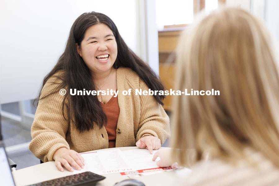 Academic Advisor Bethany Heaney works with a student. Explore Center photo shoot. March 22, 2023. Photo by Craig Chandler / University Communication. 