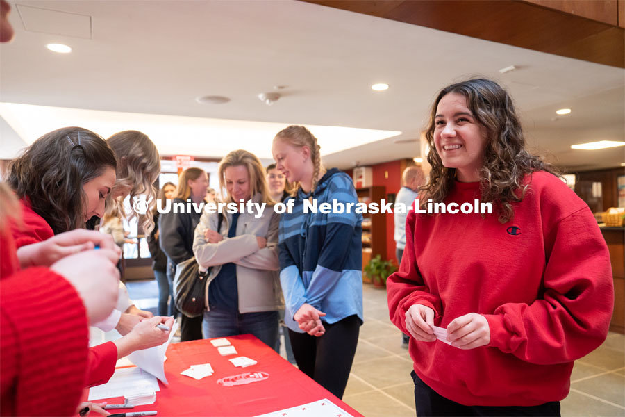 Out-of-state students are welcomed into the Wick Alumni Center during student admission’s National Tailgate. Admitted Student Day is UNL’s in-person, on-campus event for all admitted students. March 24, 2023. Photo by Jordan Opp for University Communication.
