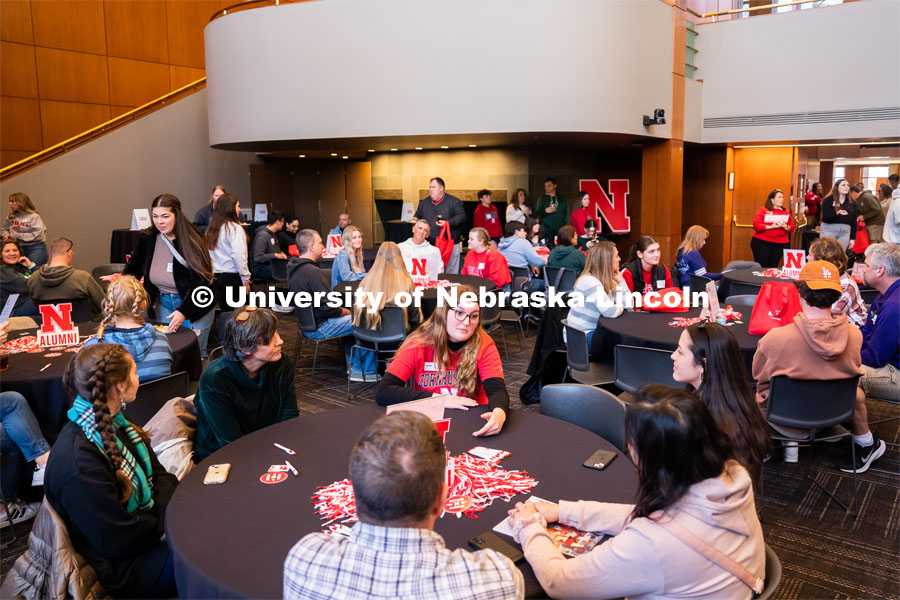 University of Nebraska student representatives speak with out-of-state students and their families during student admission’s National Tailgate at the Wick Alumni Center. Admitted Student Day is UNL’s in-person, on-campus event for all admitted students. March 24, 2023. Photo by Jordan Opp for University Communication.