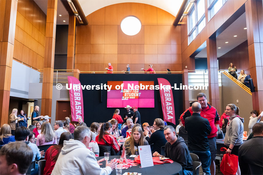 Out-of-state students and family members interact with each other during student admission’s National Tailgate at the Wick Alumni Center. Admitted Student Day is UNL’s in-person, on-campus event for all admitted students. March 24, 2023. Photo by Jordan Opp for University Communication.