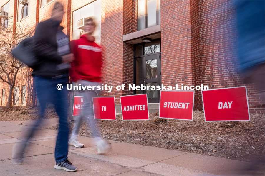 New students walk past a welcome sign before entering the University of Nebraska-Lincoln Campus Recreation Center during Admitted Student Day. Admitted Student Day is UNL’s in-person, on-campus event for all admitted students. March 24, 2023. Photo by Jordan Opp for University Communication.