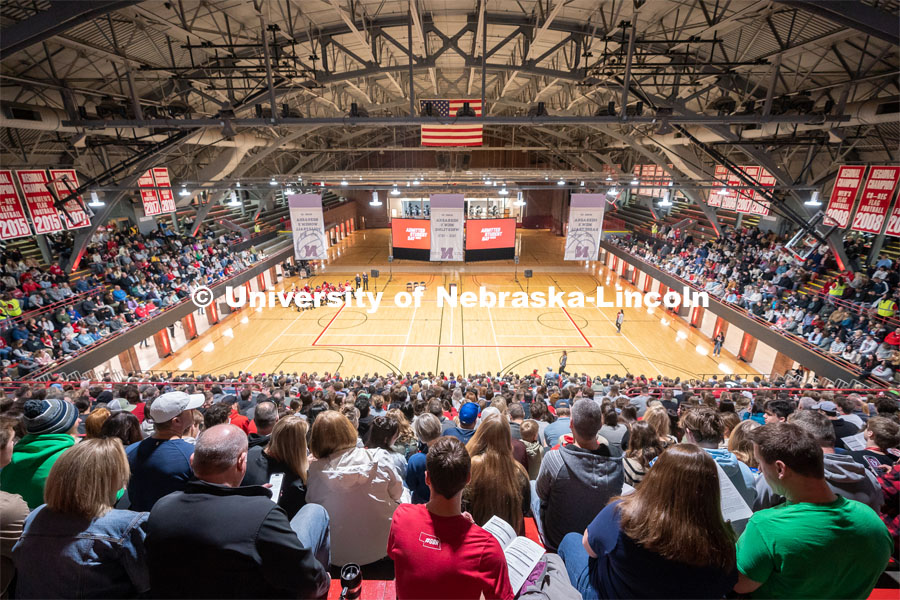 New students and family members wait for a pep rally to begin inside the Coliseum during Admitted Student Day. Admitted Student Day is UNL’s in-person, on-campus event for all admitted students. March 24, 2023. Photo by Jordan Opp for University Communication.