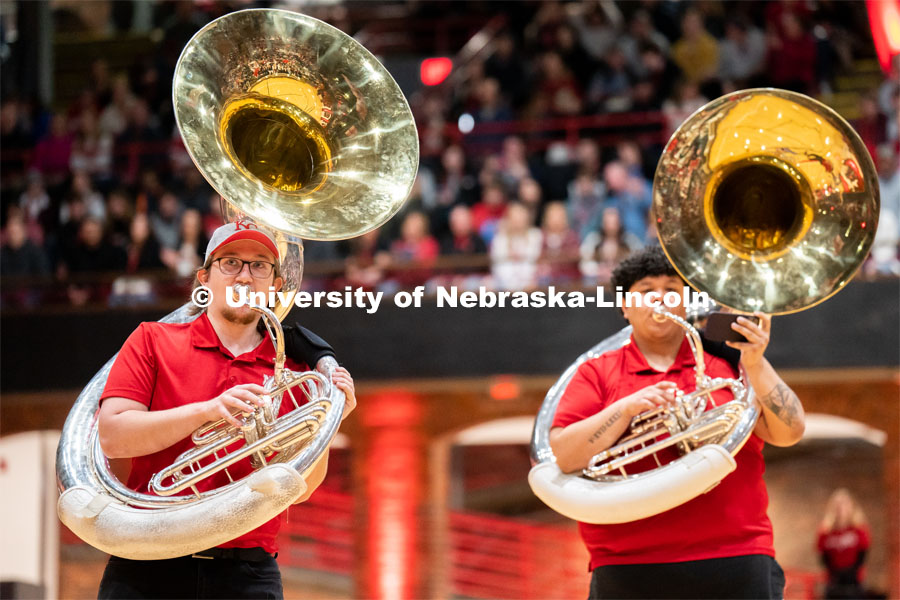 Members of the University of Nebraska-Lincoln marching band preform during Admitted Student Day inside the Coliseum. Admitted Student Day is UNL’s in-person, on-campus event for all admitted students. March 24, 2023. Photo by Jordan Opp for University Communication.