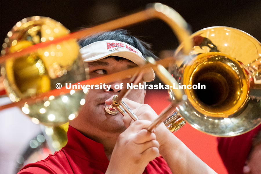 Members of the University of Nebraska-Lincoln marching band preform during Admitted Student Day inside the Coliseum on Saturday, March 25, 2023. 
 Photo by Jordan Opp for University Communication.
