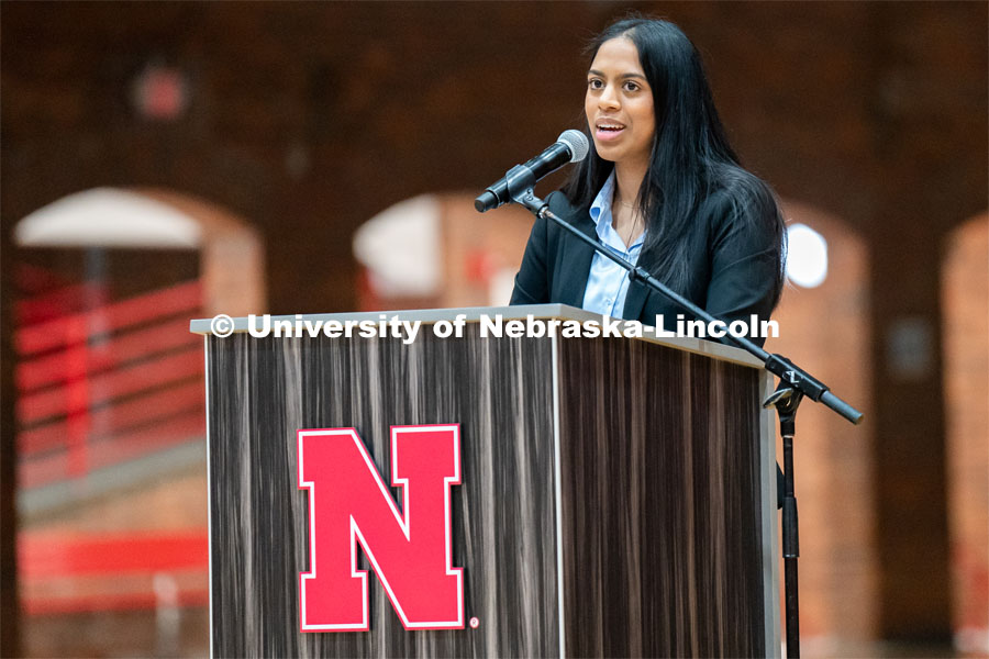 ASUN student government member Shivani Mudhelli speaks to students during Admitted Student Day on inside the Coliseum. Admitted Student Day is UNL’s in-person, on-campus event for all admitted students. March 24, 2023. Photo by Jordan Opp for University Communication.